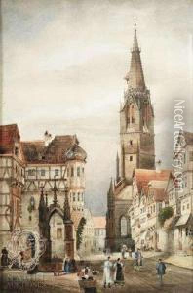 Themarket Place At Reutlingen With View To The Church St Oil Painting - Friedrich Eibner