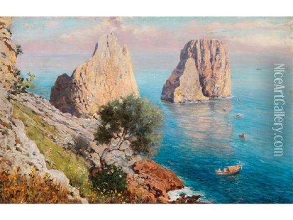 Blick Auf Die Felsen Am Ufer Von Capri In Der Spatsonne Oil Painting - Bernardo Hay