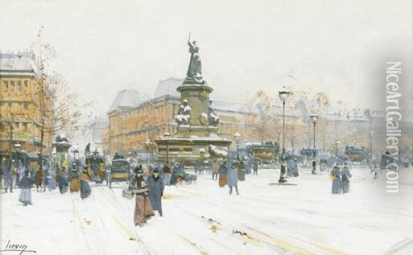 Winteransicht Der Place De La Republique In Paris Oil Painting - Eugene Galien-Laloue