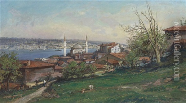 A View Of Constantinople With The Dolmabahce Mosque Seen From The Hills Of Gumussuyu Oil Painting - Fausto Zonaro