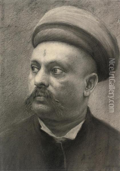 Portrait Of A Gentleman, Believed To Be Raosahib Vasudev Jagannath Kirtiker Oil Painting - Mahadev Vishvanath Dhurandhar