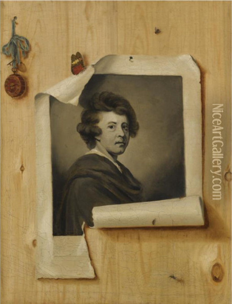 Trompe L'oeil With An Engraving Of The Self Portrait Of Sir Joshuareynolds's Oil Painting - Strickland Lowry