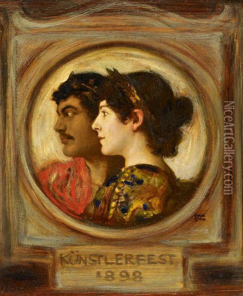 Selfportrait Of The Artist With His Wife In Costume. Oil Painting - Franz von Stuck