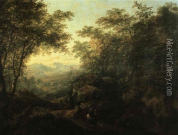 An Extensive Rocky, Wooded Landscape With Riders On A Path  With Hounds Approaching A Beggar Oil Painting - Willem de Heusch