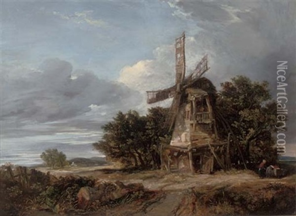 A Wooded Landscape With A Windmill And A Figure On A Track Oil Painting - William James Mueller