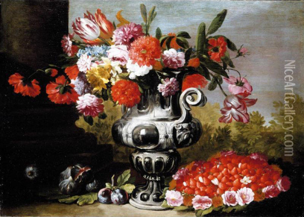 A Still Life, With Tulips, Carnations, Daffodils And Other Flowers In A Metallic Urn On A Stone Ledge, With Figs, Plums And A Bowl Of Strawberries Below Oil Painting - Gaetano Cusati