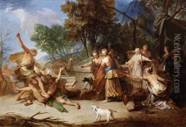 Moses Defending The Daughters Of Jethro Oil Painting - Nicolas Bertin