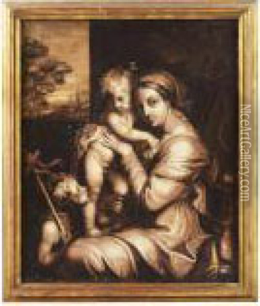 The Madonna And Child With An Infant St. John The Baptist, Engrisaille Oil Painting - Raphael (Raffaello Sanzio of Urbino)