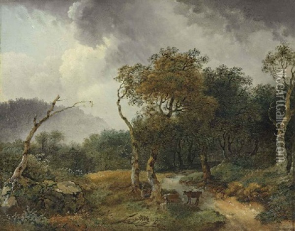 A Wooded Landscape With Milkmaids And Their Cattle Sheltering From A Shower Oil Painting - Jean-Honore Fragonard