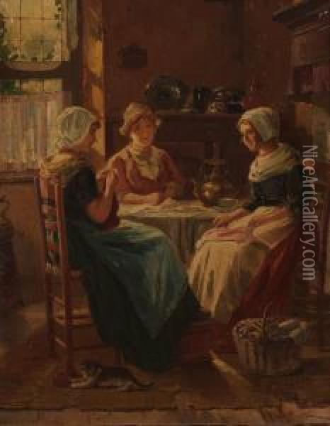 Three Young Women In A Kitchen Oil Painting - Adolf Raufer