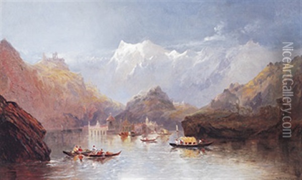 Oberitalienische Seenlandschaft Mit Booten, Gondeln, Wasserschloss Und Aufragendem Schneemassiv Oil Painting - William Widgery