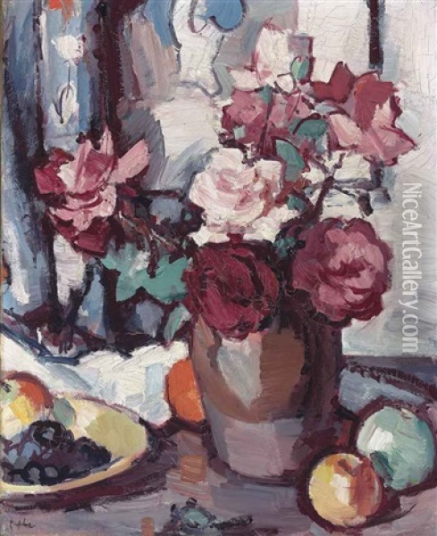 Still Life With Roses, Grapes And Apples Oil Painting - Samuel John Peploe
