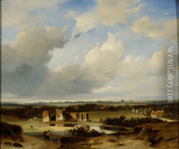 The Ruins Of Brederode In The Kennemerland From Het Kopje In Bloemendaal Oil Painting - Nicolaas Johannes Roosenboom