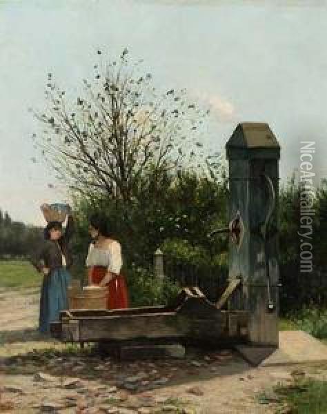 Zwei Wascherinnen Am Brunnen Oil Painting - Adrien Jacques Sauzay