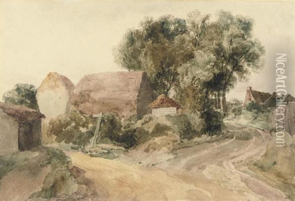Farm Buildings At A Fork On A Country Lane Oil Painting - Peter de Wint