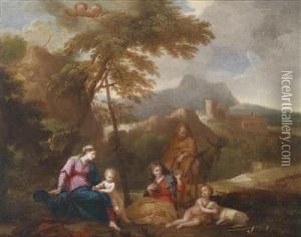The Holy Family With St Elizabeth And John The Baptist As A Child In A Landscape Oil Painting - Giovanni Battista Pace