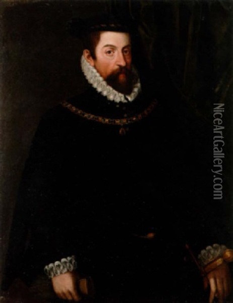 Portrait Of Maximilian Ii, Emperor Of Austria, In Black Costume With A White Ruff And Cuffs, Wearing The Badge Of The Order Of The Golden Fleece Oil Painting - Frans Pourbus the Elder