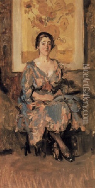 A Lady Seated In Front Of Vincent Van Gogh's Sunflowers Oil Painting - Isaac Israels