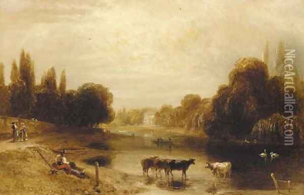 On the Thames near Hampton Court Oil Painting - William Daniell RA