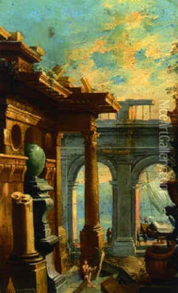 A Capriccio Of A Mediterraneau Harbour With Figures Amongst Classical Ruins Oil Painting - Viviano Codazzi