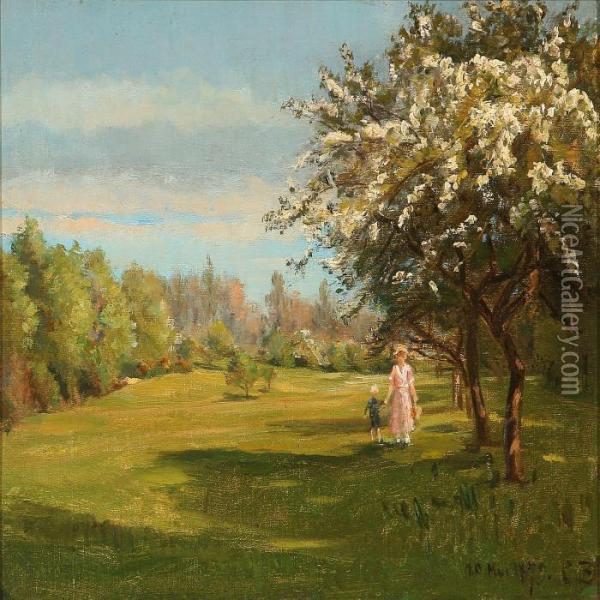Mother And Son Walking In A Garden Oil Painting - Christian Zacho