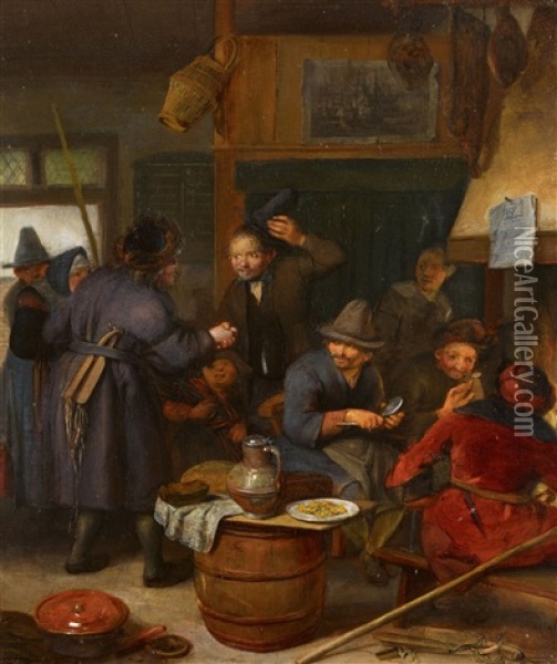Rustic Company With Mother And Child Kitchen Scene With Peasants Eating Oil Painting - Richard Brakenburg