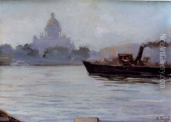 Steam Boat On The River Oil Painting - Alexei Vasilievitch Hanzen