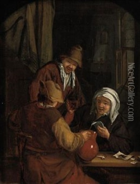 Two Men And A Woman Drinking And Playing Cards In An Inn Oil Painting - Adriaen Jansz van Ostade