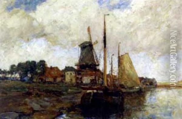 A Dutch Canal Oil Painting - Rudolf Anton Guba