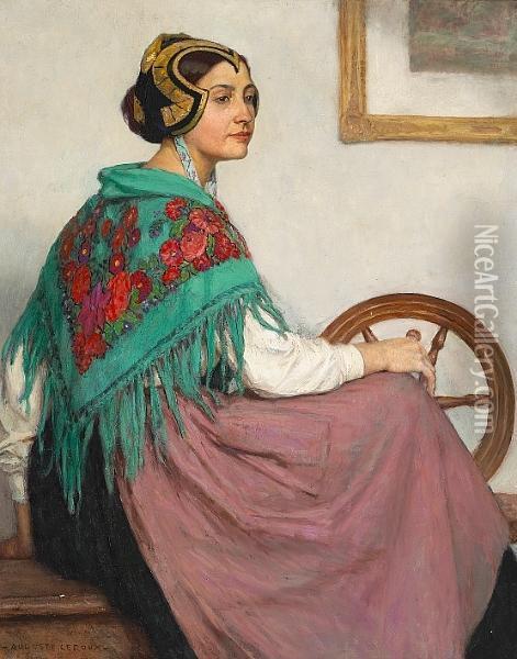 A Study Of A Breton Woman In Traditional Dress Oil Painting - Auguste Leroux