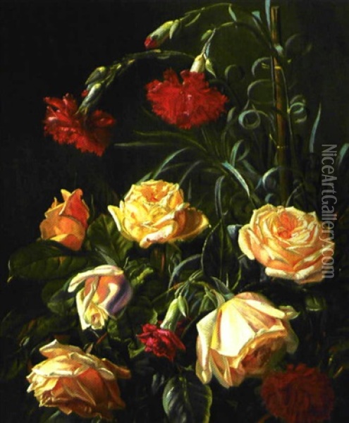 Gule Roser Og Rode Nelliker Oil Painting - Sofus Petersen