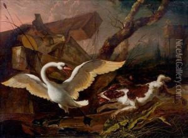 Chien Poursuivant Un Cygne Dans Un Paysage Oil Painting - Abraham Hondius