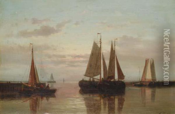 Fishing Boats Drying Their Sails At Dusk Oil Painting - Abraham Hulk Jun.
