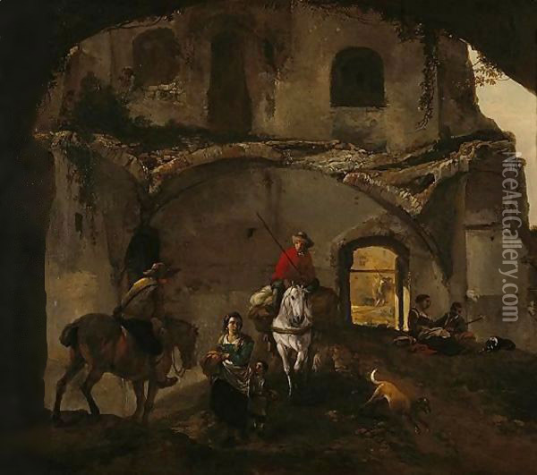 An Italianate Landscape With Two Riders And Other Figures Beneath Ruined Buildings Oil Painting - Philips Wouwerman