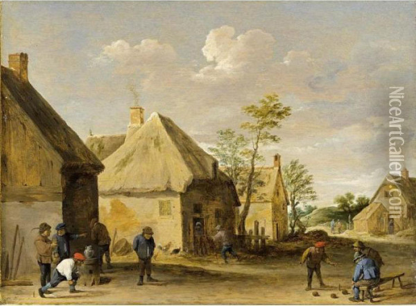 Peasants Bowling In A Village Street Oil Painting - David The Younger Teniers