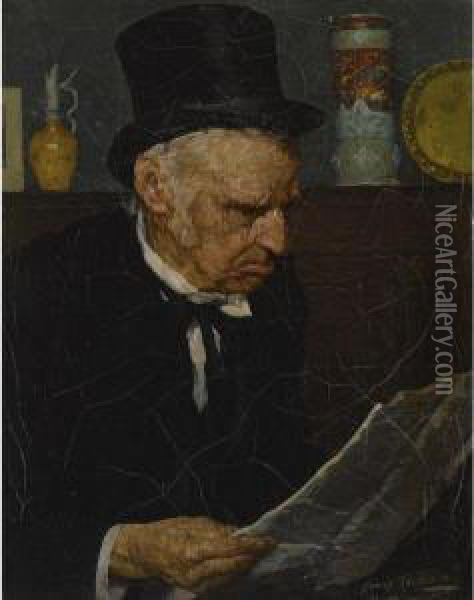 Old Man Reading Paper Oil Painting - Louis Charles Moeller