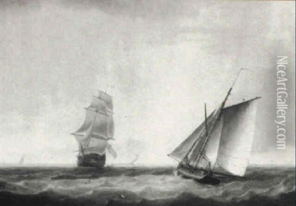 Seascape With Man-o-war And Fishing Boats Oil Painting - Nicholas Pocock