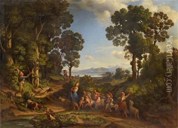 Italian Landscape With Shepherdesses, Children And Goats Oil Painting - Heinrich Gaertner