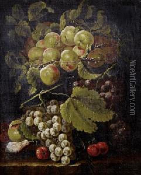 Peaches With Grapes And Cherries On A Stoneledge Oil Painting - Bartolomeo Castelli Spadino
