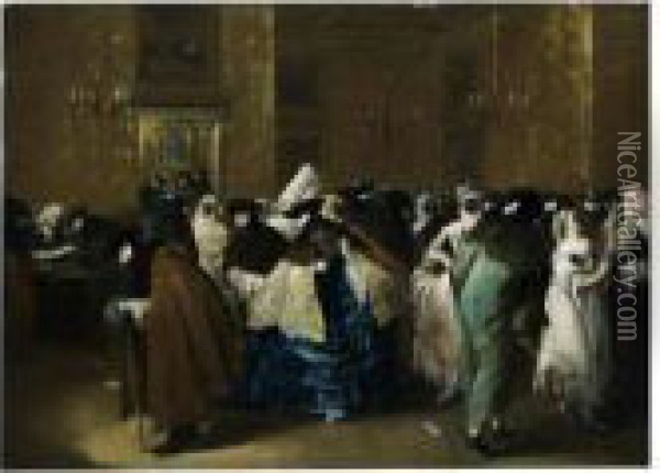 Ridotto In Venice With Masked Figures Conversing Oil Painting - Francesco Guardi
