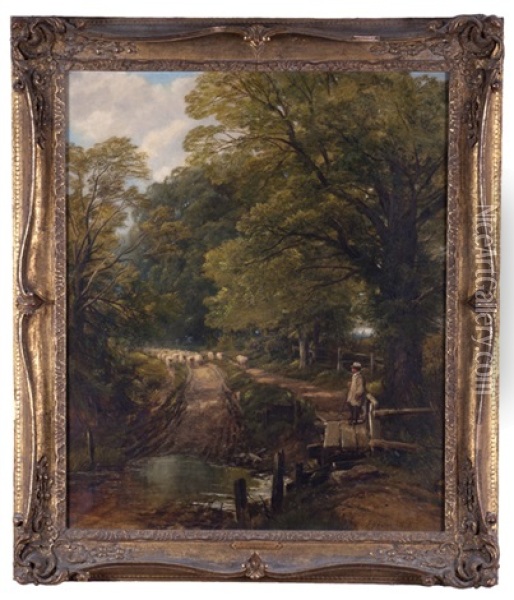 Shepherd With Flock Preparing To Cross A Creek Oil Painting - Frederick William Hulme
