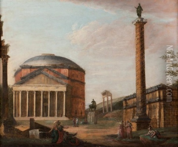 Vue De Ruines Romaines Avec La Colonne Trajane Oil Painting - Giovanni Paolo Panini