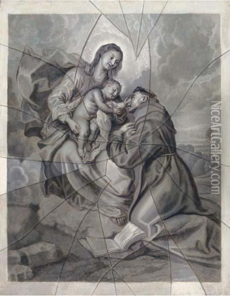 The Vision Of Saint Antony: A Trompe L'oeil Of An Engraving Under Shattered Glass Oil Painting - Sir Anthony Van Dyck