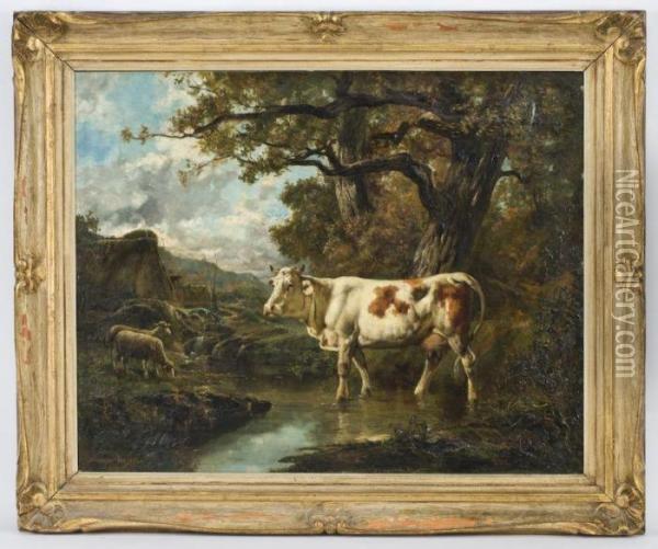 Depicting A Cow Grazing By A River Oil Painting - Theodore Levigne