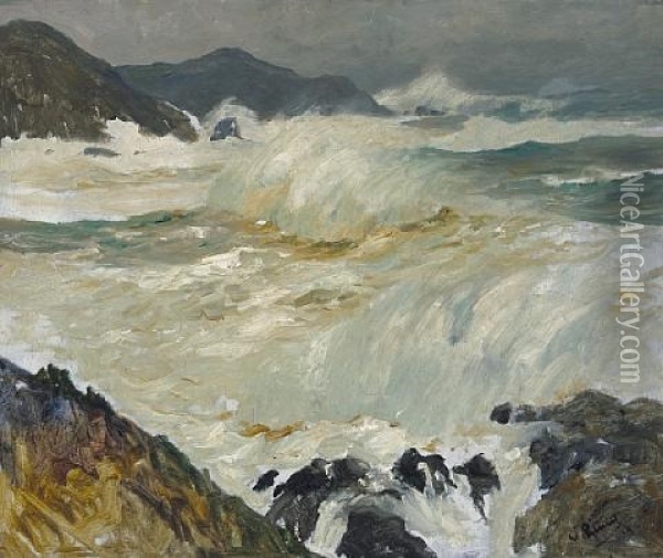 Crashing Waves On A Rocky Shore Oil Painting - William Ritschel