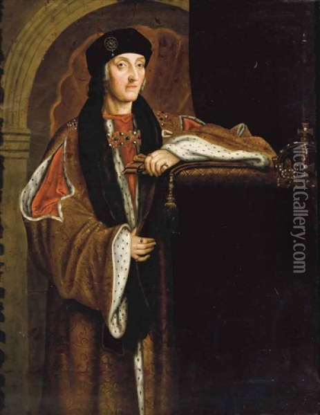 Portrait Of King Henry Vii, Standing Three-quarter Length, In A Gold Ermine Lined Cloak And Black Cap, A Crown At His Side Oil Painting - Hans Holbein the Younger