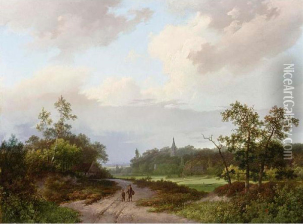 Travellers On A Country Road A Church In The Distance Oil Painting - Marianus Adrianus Koekkoek