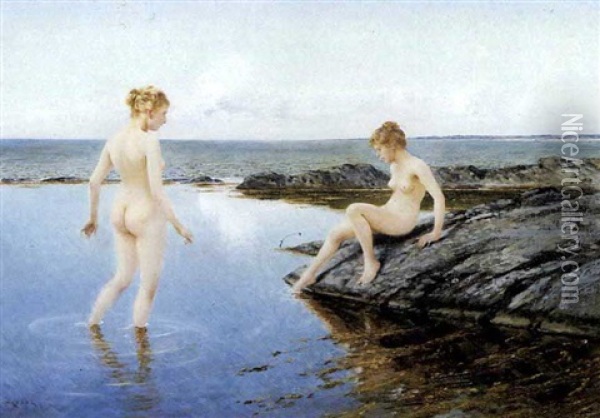 Two Women Bathing Oil Painting - August Vilhelm Nikolaus Hagborg