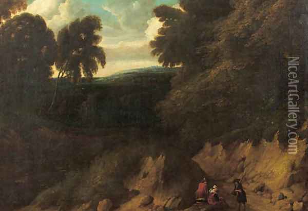 A sportsman conversing with travellers on a path at the edge of a wood Oil Painting - Lodewijk De Vadder