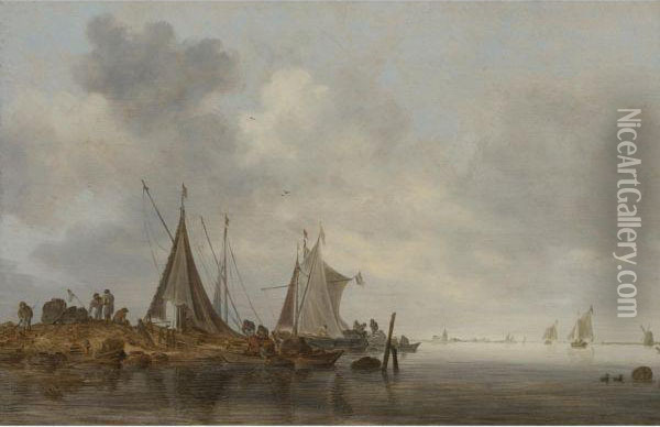 Fishing Boats Moored At An Embankment Oil Painting - Jan van Goyen